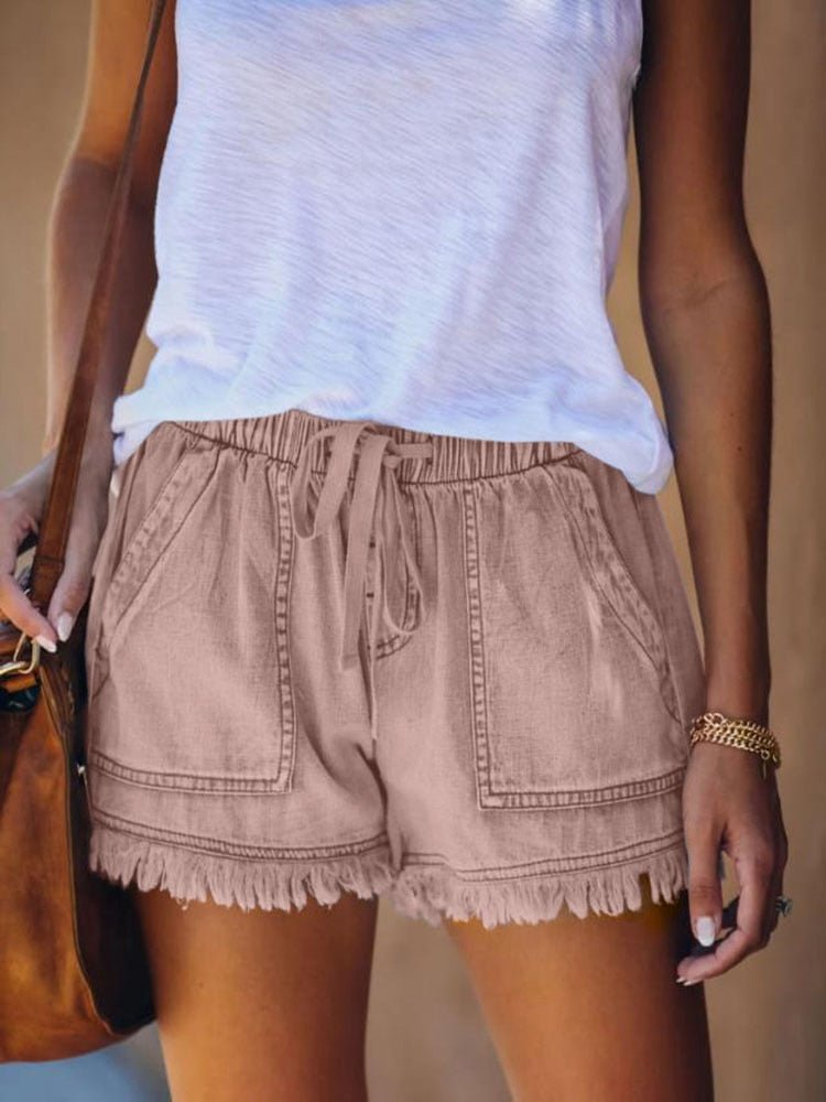 Cotton Denim Drawstring Elastic High Waste Shorts - My She Shop