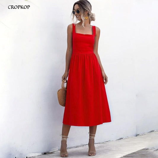 CROPKOP Classy Casual Cotton Mid Length Empire Waste Sleeveless Dress - My She Shop