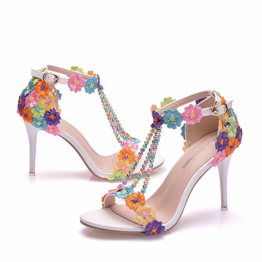 CRYSTAL QUEEN Lace Flower Pearl High Thin Heel Sandal Shoes - My She Shop