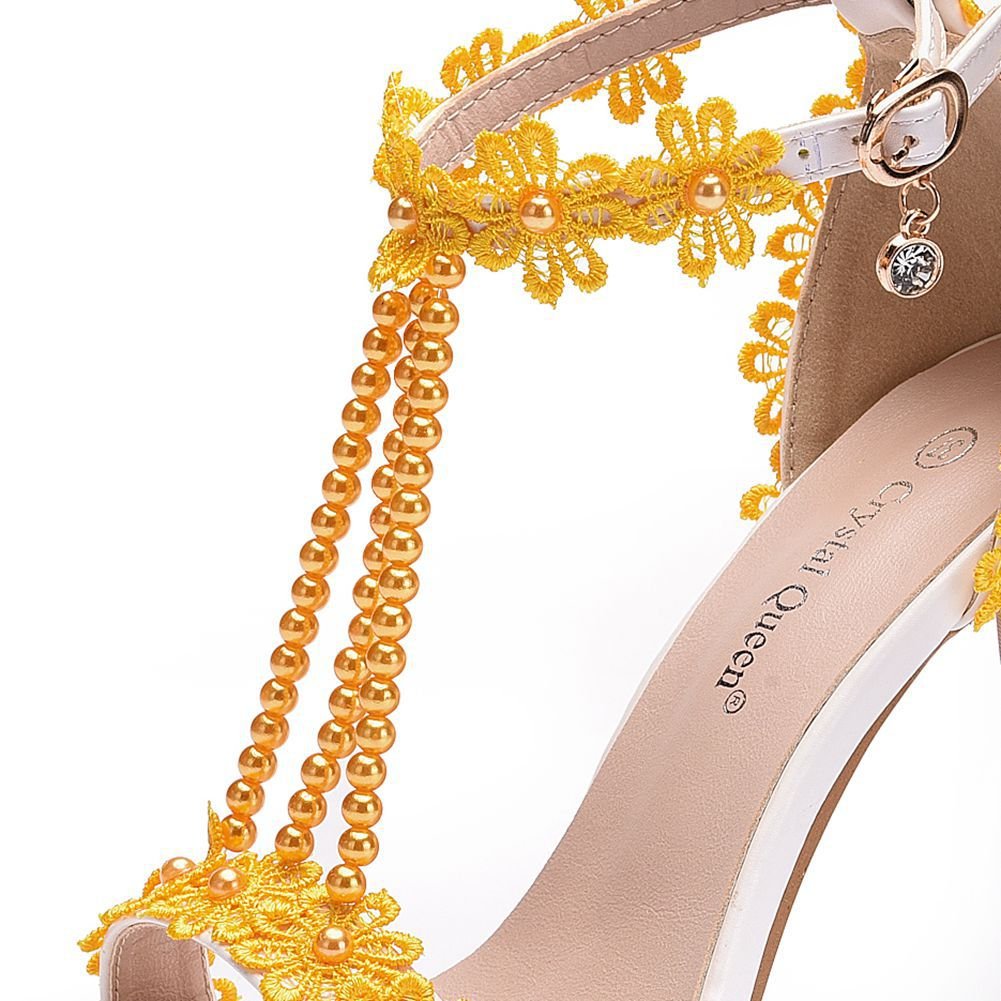 CRYSTAL QUEEN Lace Flower Pearl High Thin Heel Sandal Shoes - My She Shop