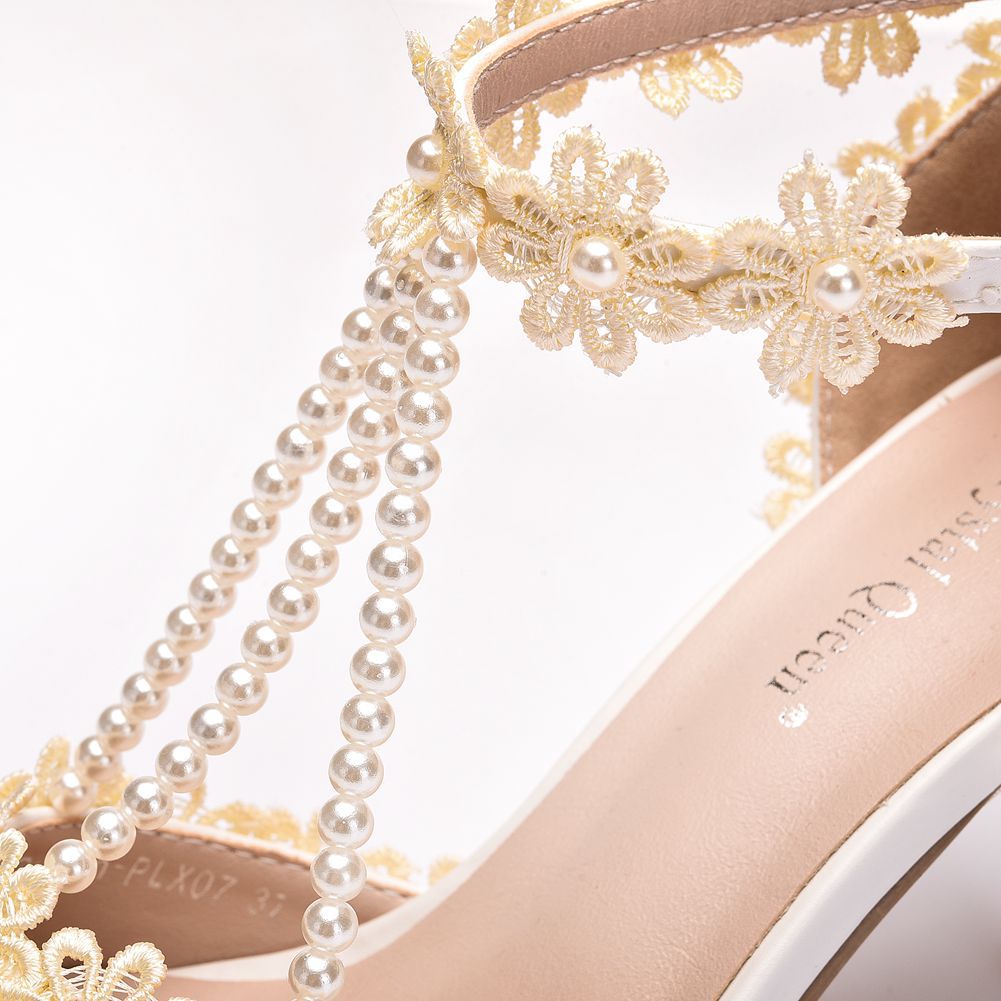 CRYSTAL QUEEN Lace Flower Pearl High Thin Heel Sandal Shoes - My She Shop