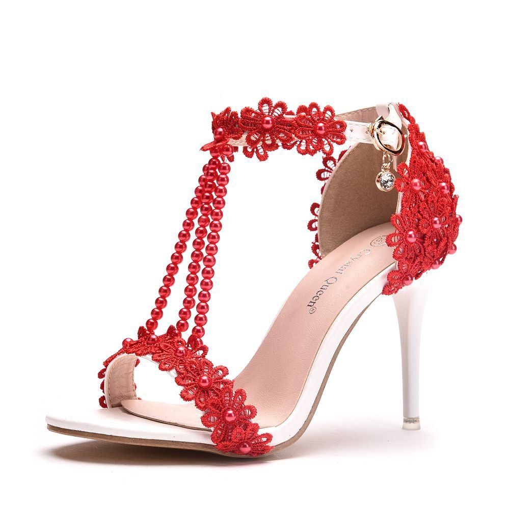 CRYSTAL QUEEN Lace Flower Pearl High Thin Heel Sandal Shoes - My She Shop