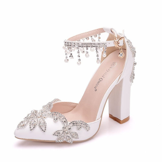 CRYSTAL QUEEN Luxury Crystal Applique Ankle Strap Square High Heel Shoes - My She Shop