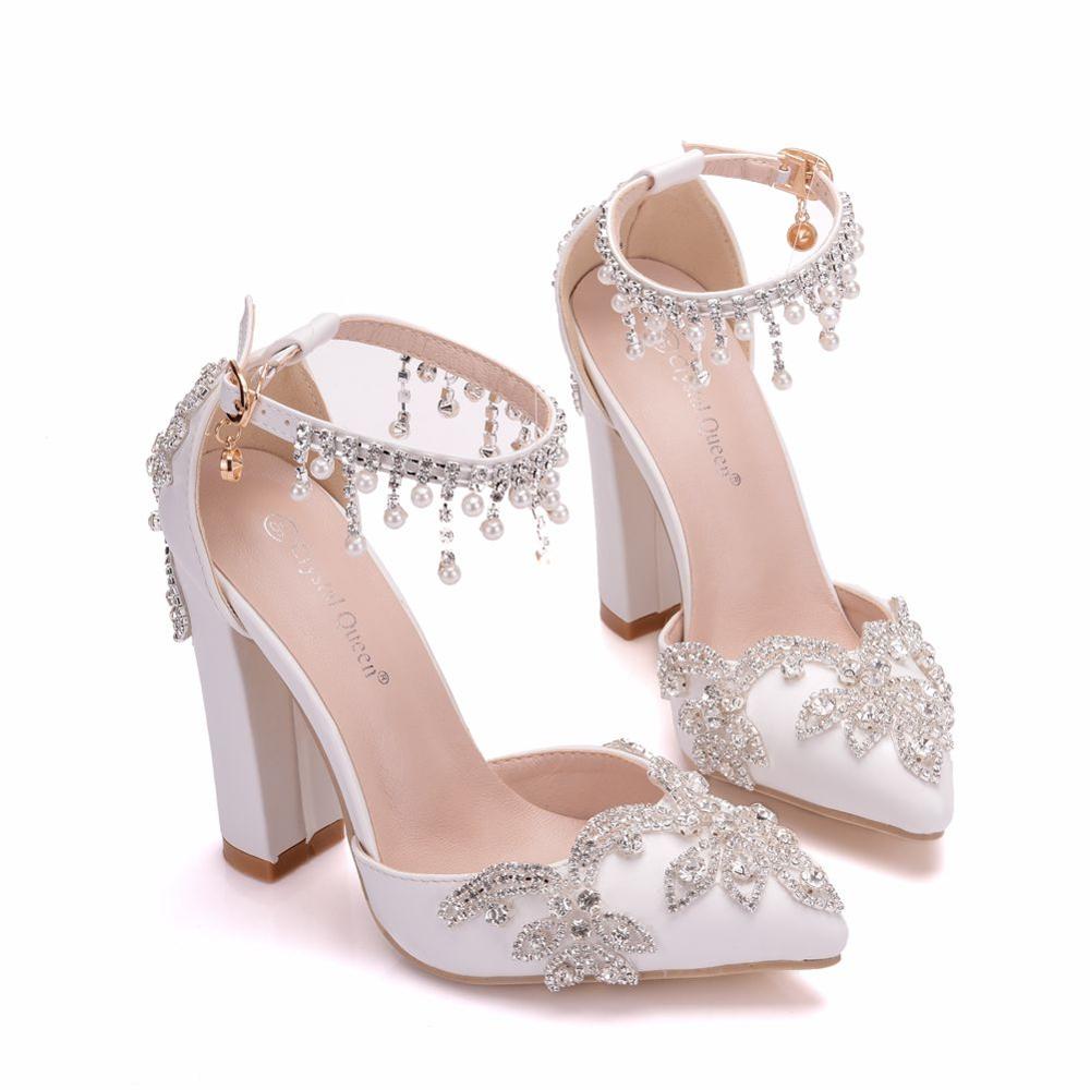 CRYSTAL QUEEN Luxury Crystal Applique Ankle Strap Square High Heel Shoes - My She Shop