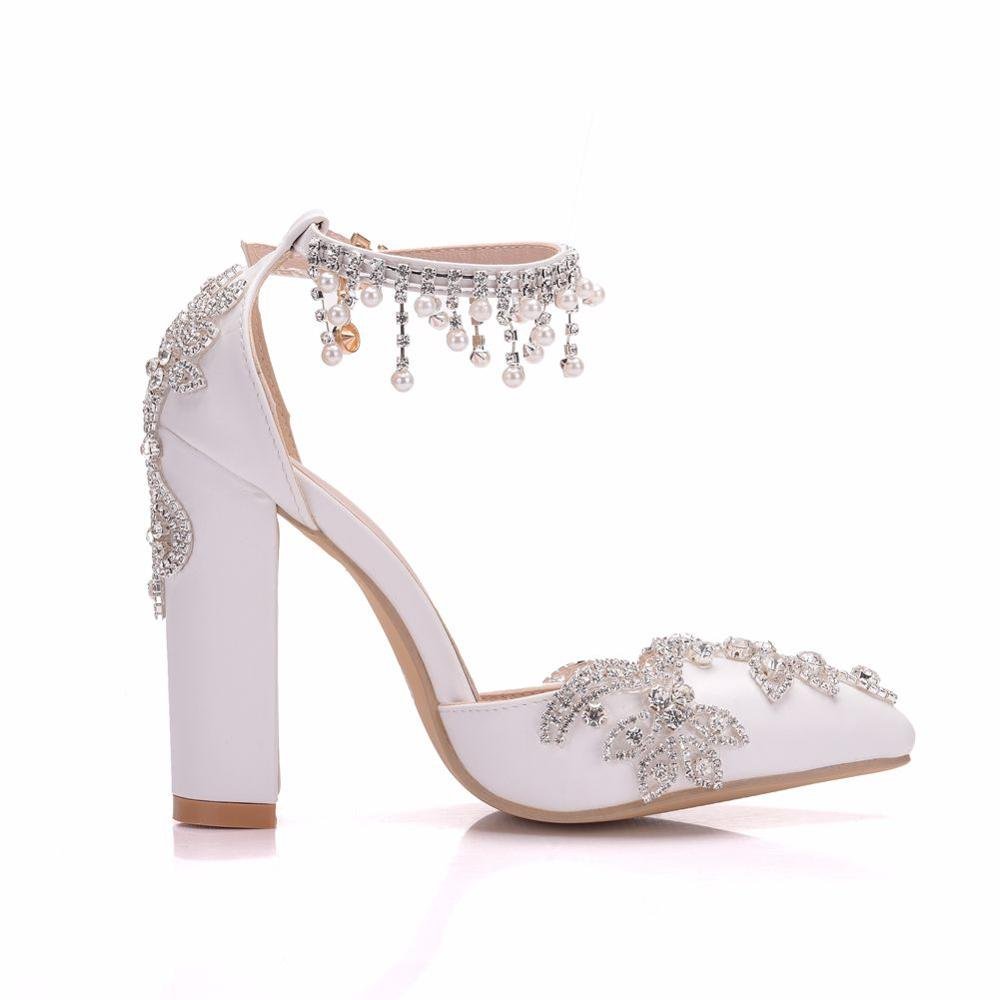 CRYSTAL QUEEN Luxury Crystal Applique Ankle Strap Square High Heel Shoes - My She Shop