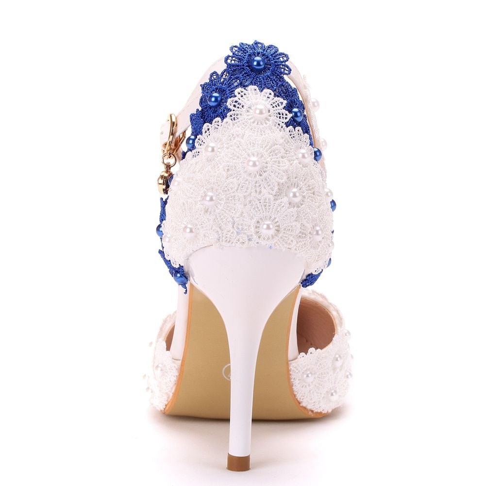 CRYSTAL QUEEN Perfect Pointed Toe Flower Pearl Two-Tone Ankle Buckle High Heel Shoes - My She Shop