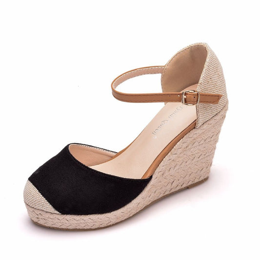 CRYSTAL QUEEN Suede Hemp Wedge Ankle Strap Sandal Shoes - My She Shop