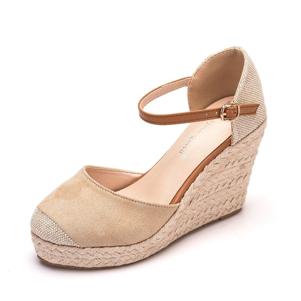 CRYSTAL QUEEN Suede Hemp Wedge Ankle Strap Sandal Shoes - My She Shop