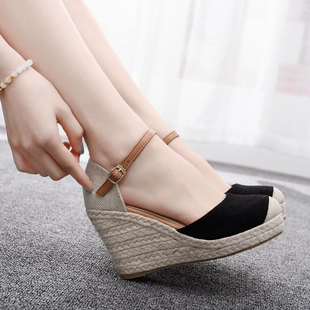 CRYSTAL QUEEN Suede Hemp Wedge Ankle Strap Sandal Shoes - My She Shop