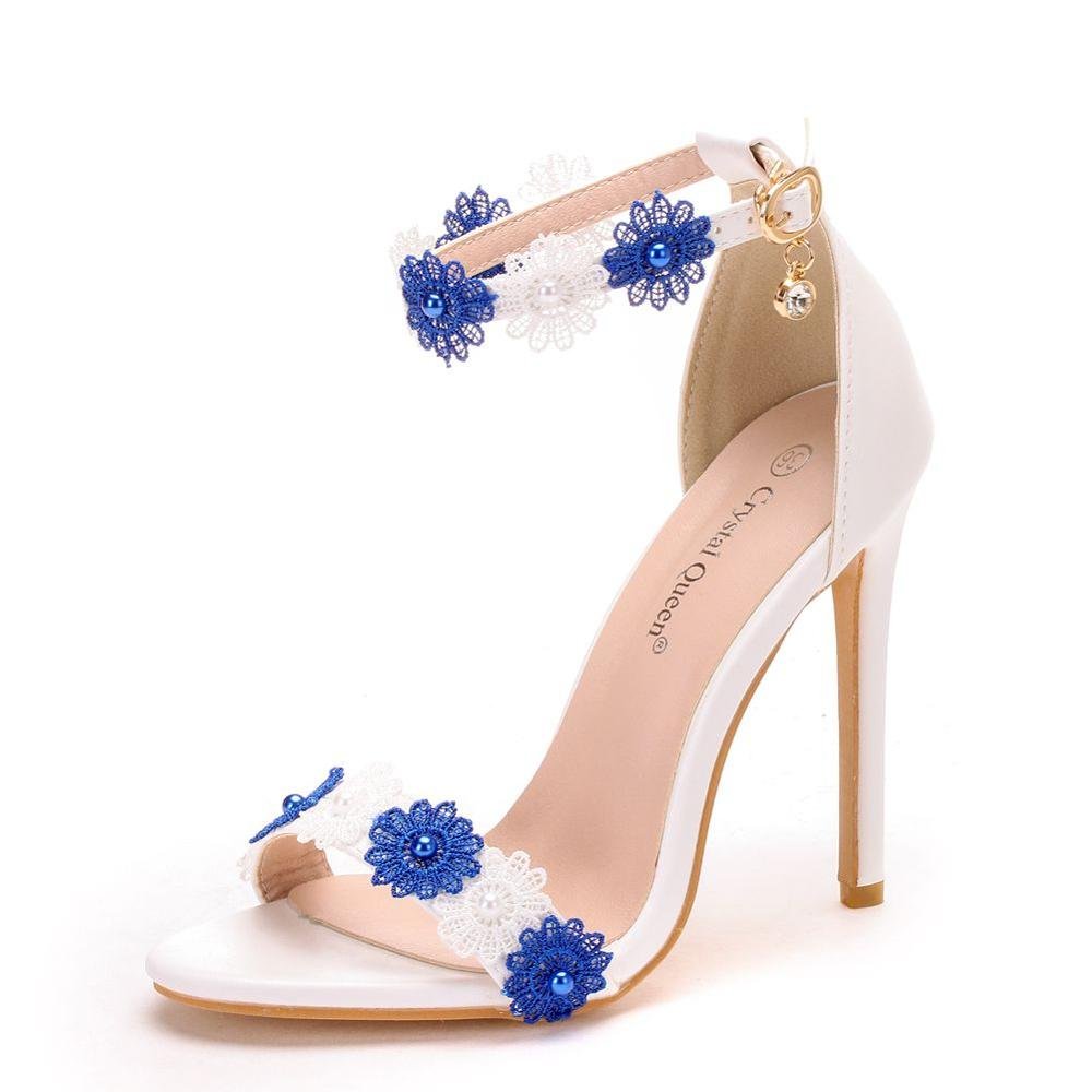 CRYSTAL QUEEN Two-Tone Blue White Pearl Flower Lace Multi-Choice High Heel Ankle Strap Shoes - My She Shop