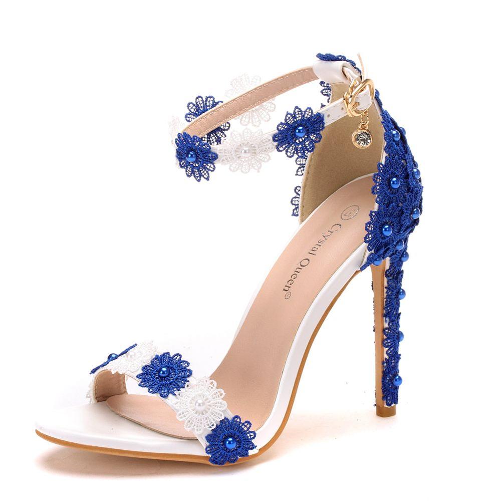 CRYSTAL QUEEN Two-Tone Blue White Pearl Flower Lace Multi-Choice High Heel Ankle Strap Shoes - My She Shop