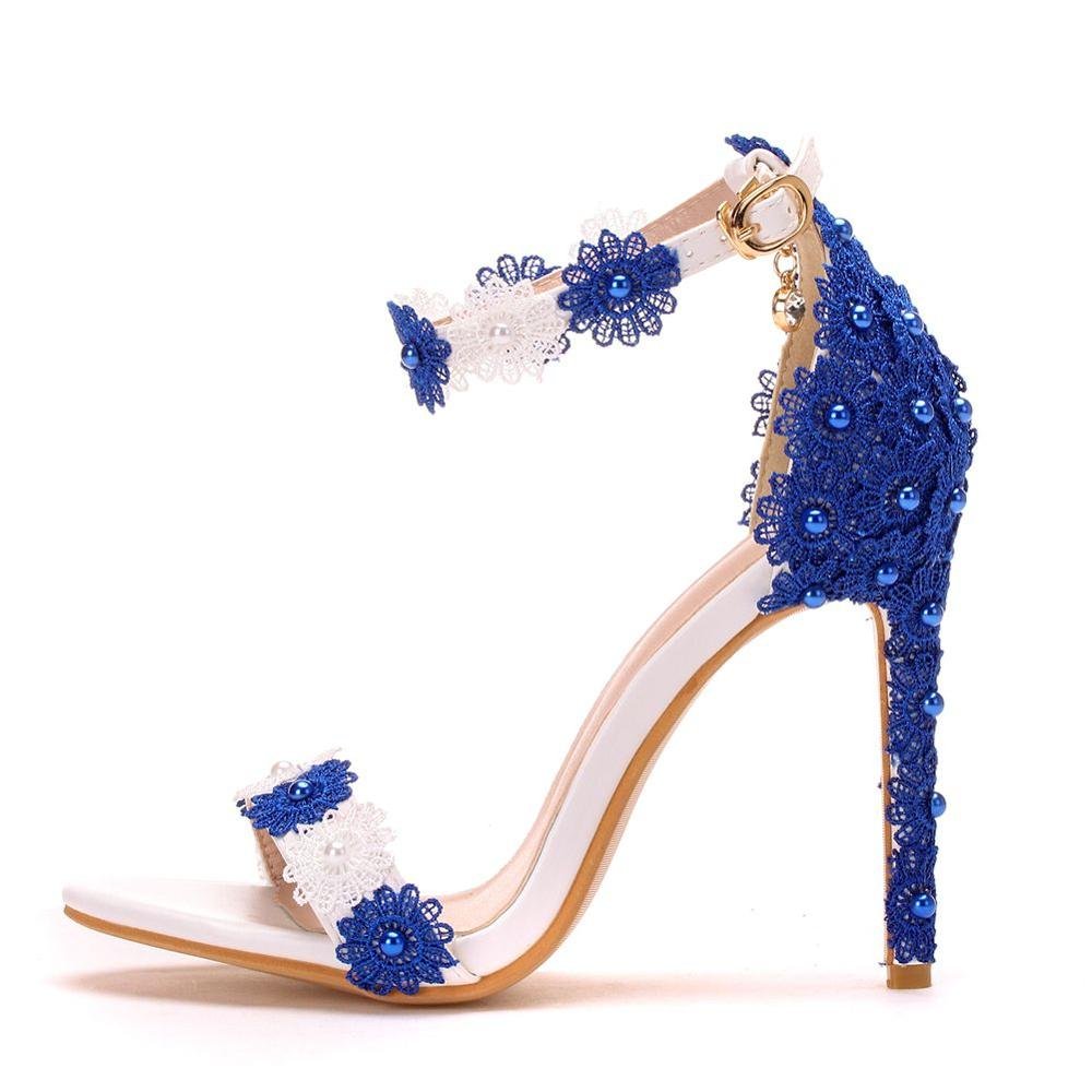 CRYSTAL QUEEN Two-Tone Blue White Pearl Flower Lace Multi-Choice High Heel Ankle Strap Shoes - My She Shop