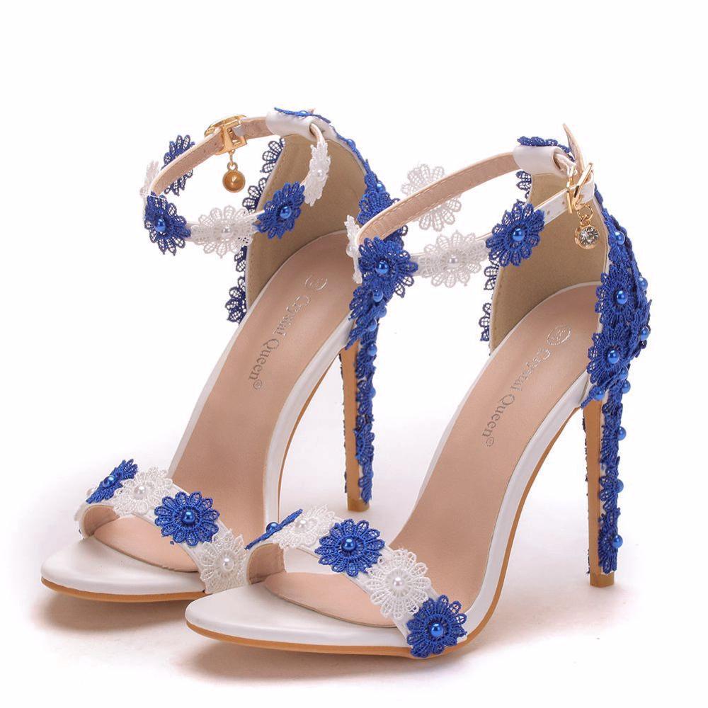 CRYSTAL QUEEN Two-Tone Blue White Pearl Flower Lace Multi-Choice High Heel Ankle Strap Shoes - My She Shop