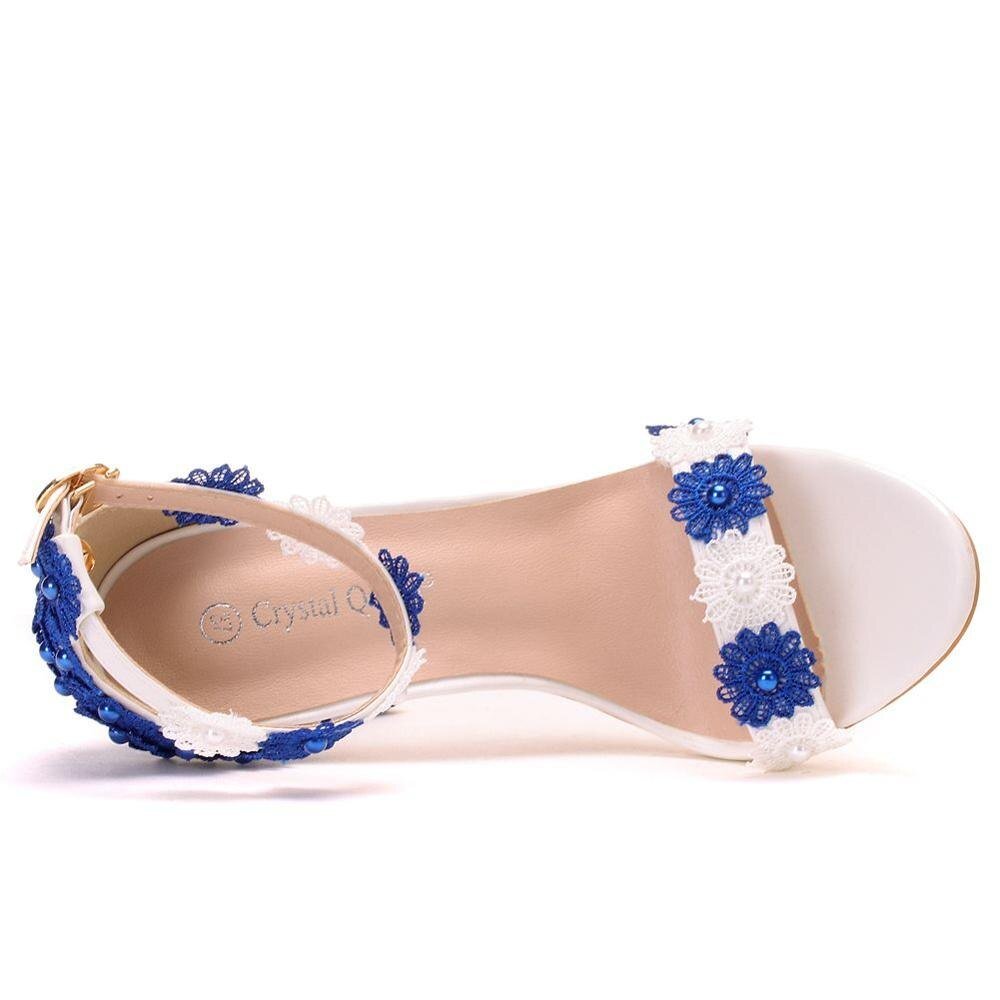 CRYSTAL QUEEN Two-Tone Blue White Pearl Flower Lace Multi-Choice High Heel Ankle Strap Shoes - My She Shop