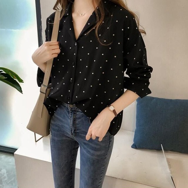 DABOURFEEL Powerful Pocket Polka Dot Long Sleeve Button Down Blouse - My She Shop