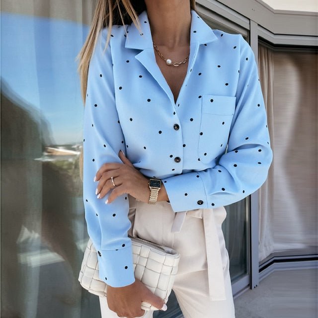 DABOURFEEL Powerful Pocket Polka Dot Long Sleeve Button Down Blouse - My She Shop