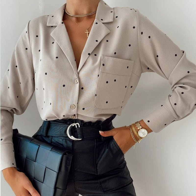 DABOURFEEL Powerful Pocket Polka Dot Long Sleeve Button Down Blouse - My She Shop