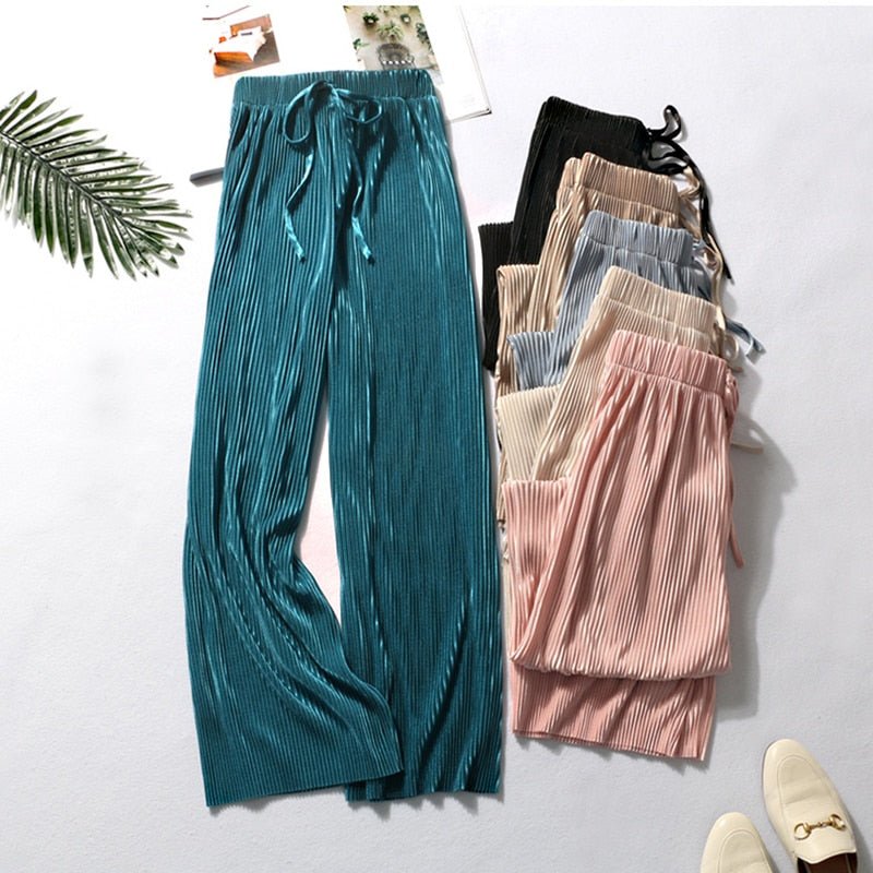 DASSWEI Dazzling Wide Leg Elastic High Waist Pleated Pants - My She Shop