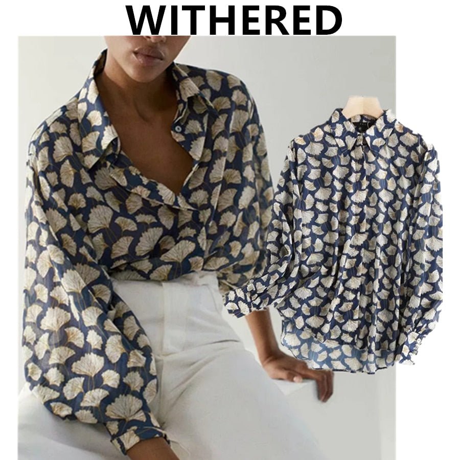 DAVE AND DI Withered England Style Silk-Poly Blend Leaf Print Puff Sleeve Blouse - My She Shop