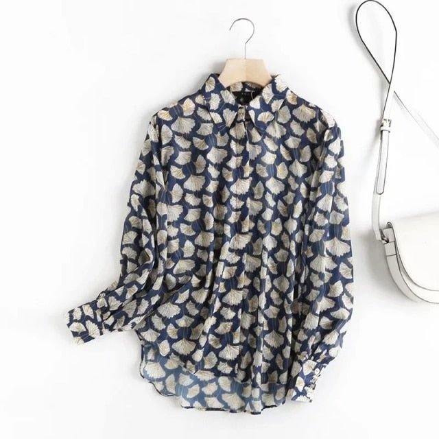 DAVE AND DI Withered England Style Silk-Poly Blend Leaf Print Puff Sleeve Blouse - My She Shop