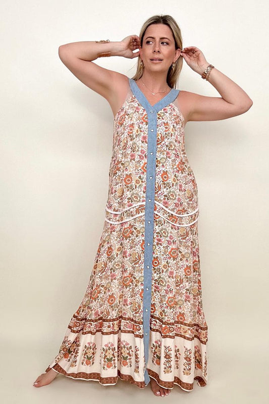 Davi & Dani Button Down Floral Boho Chic Maxi Dress - My She Shop