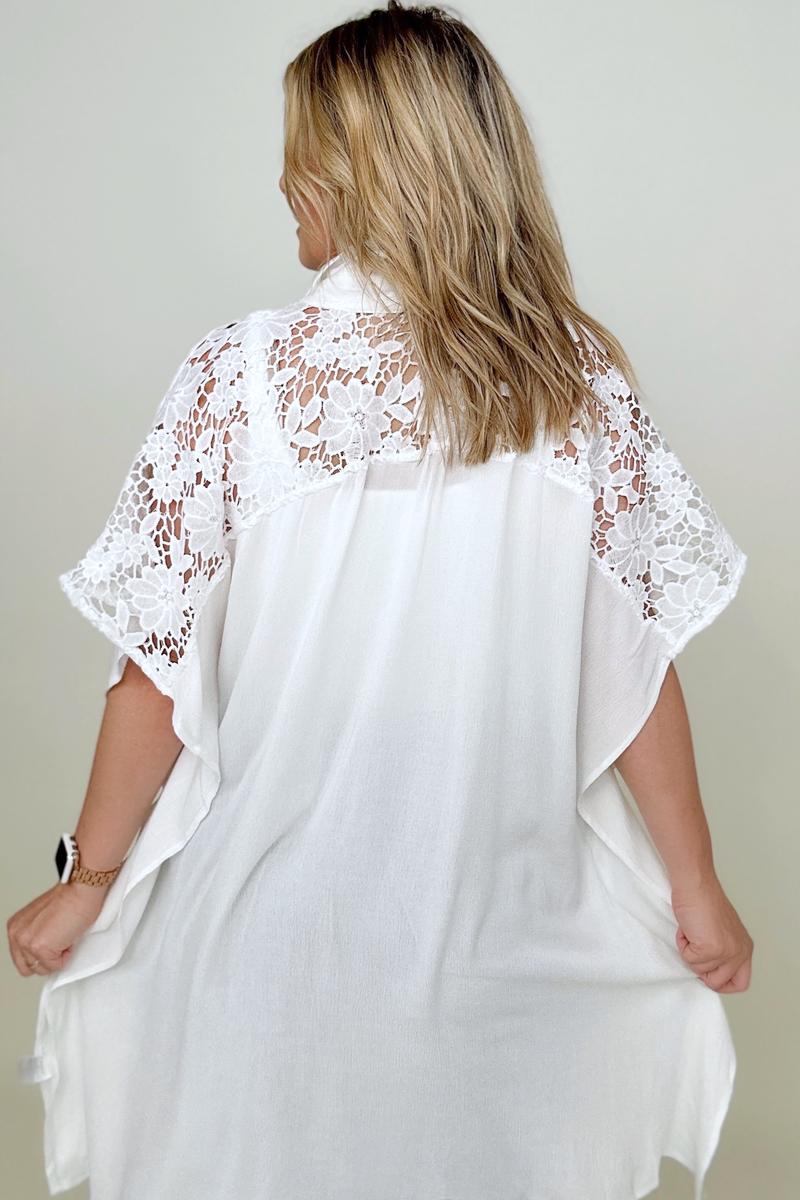 Davi & Dani Solid Button Down Short Sleeve Hi-Low Lace Loose Top - My She Shop