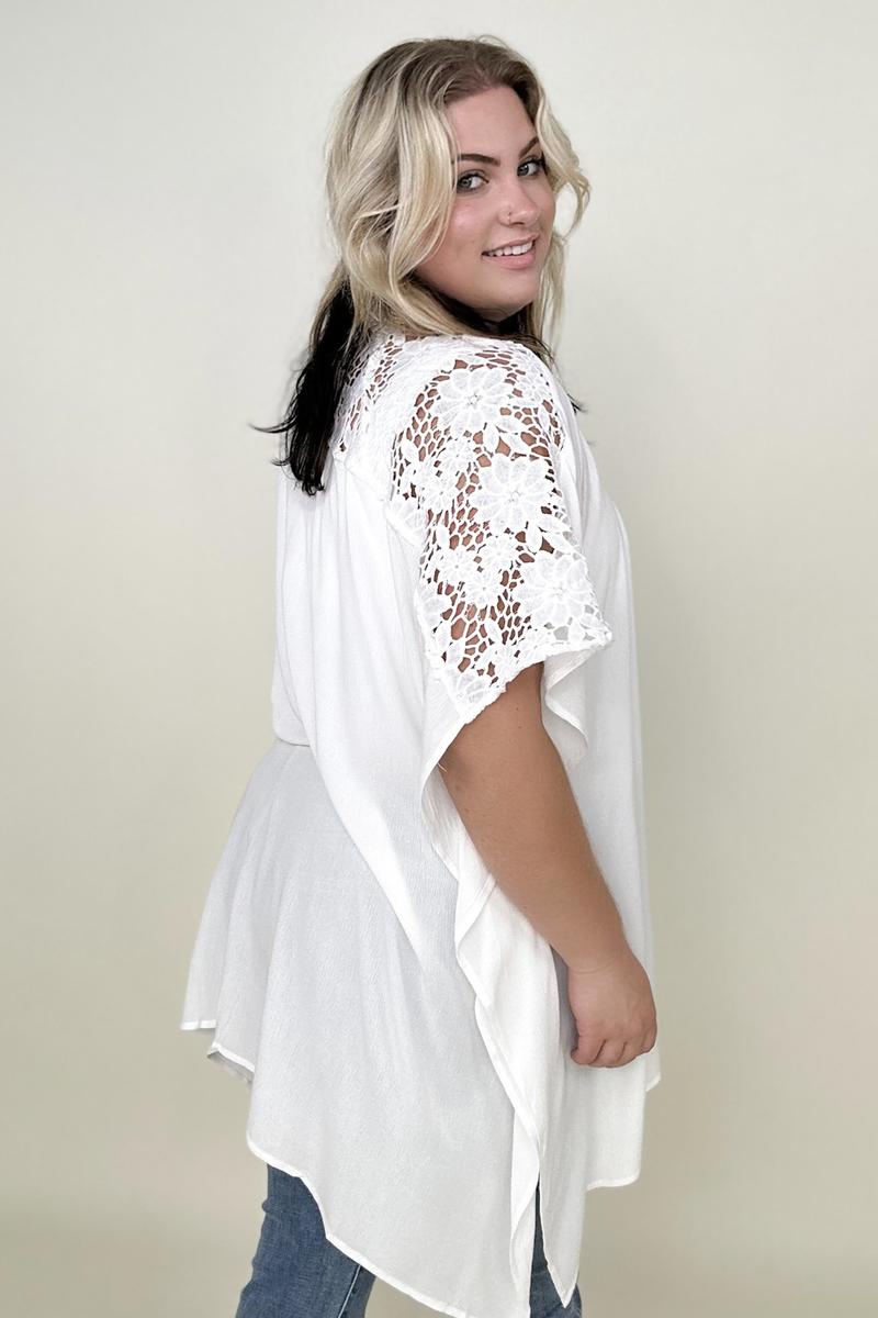 Davi & Dani Solid Button Down Short Sleeve Hi-Low Lace Loose Top - My She Shop