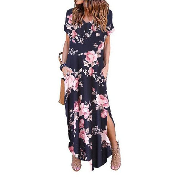 DEENOR Dynamic Short Sleeve Multi Choice Print Pocket Slit Maxi Dress - My She Shop