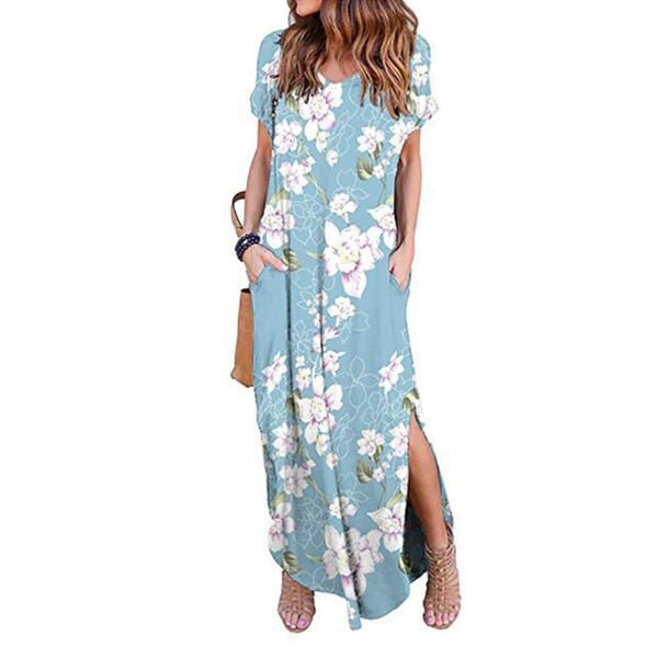 DEENOR Dynamic Short Sleeve Multi Choice Print Pocket Slit Maxi Dress - My She Shop