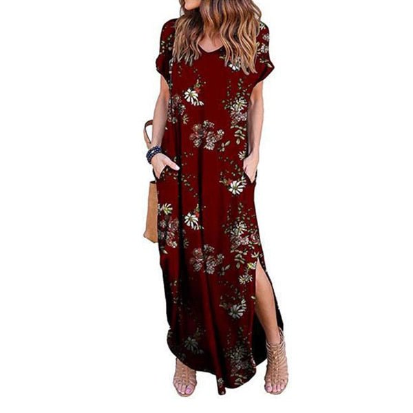 DEENOR Dynamic Short Sleeve Multi Choice Print Pocket Slit Maxi Dress - My She Shop