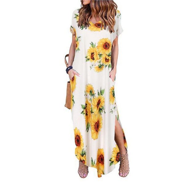 DEENOR Dynamic Short Sleeve Multi Choice Print Pocket Slit Maxi Dress - My She Shop