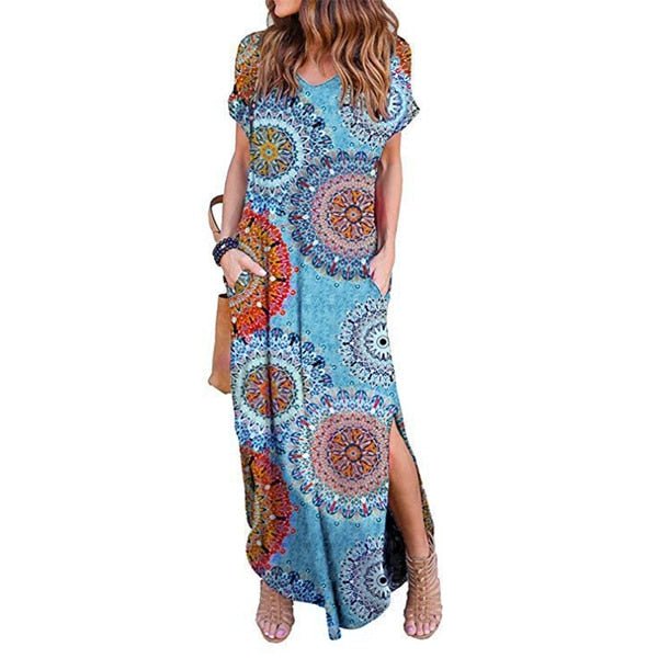 DEENOR Dynamic Short Sleeve Multi Choice Print Pocket Slit Maxi Dress - My She Shop