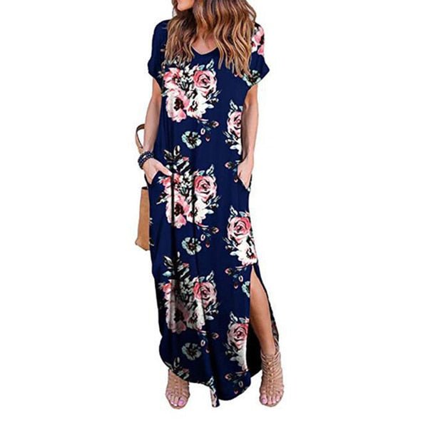 DEENOR Dynamic Short Sleeve Multi Choice Print Pocket Slit Maxi Dress - My She Shop