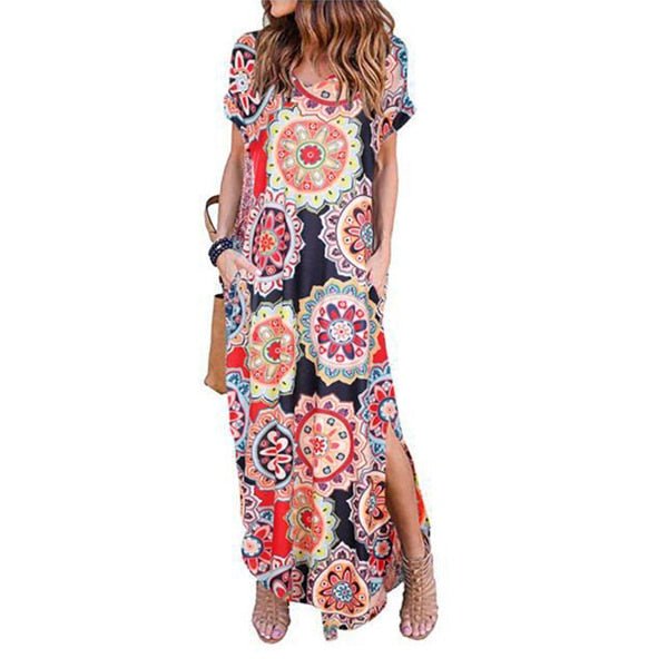 DEENOR Dynamic Short Sleeve Multi Choice Print Pocket Slit Maxi Dress - My She Shop