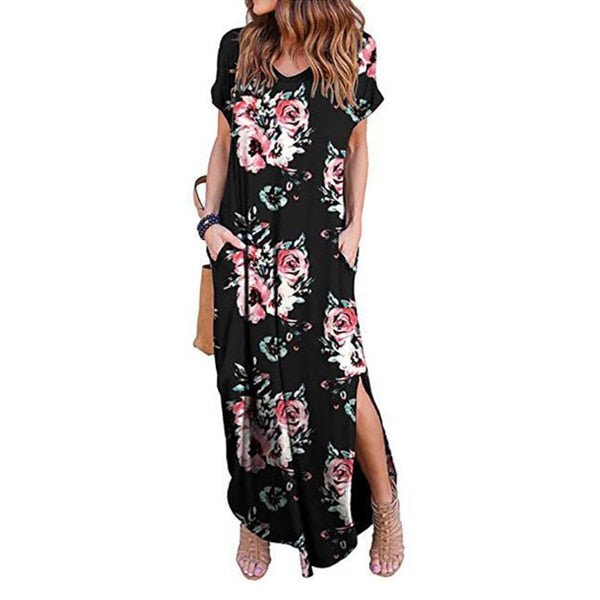 DEENOR Dynamic Short Sleeve Multi Choice Print Pocket Slit Maxi Dress - My She Shop