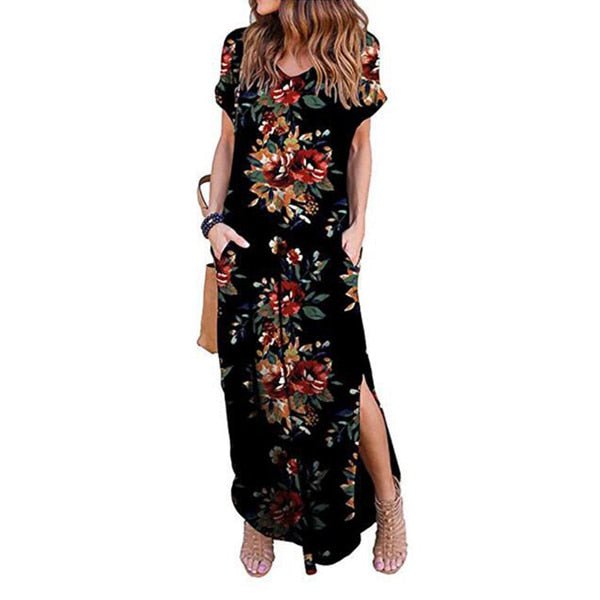 DEENOR Dynamic Short Sleeve Multi Choice Print Pocket Slit Maxi Dress - My She Shop