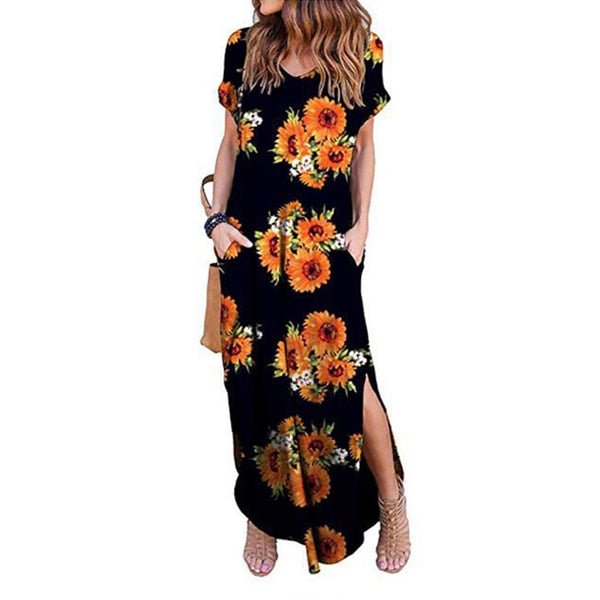 DEENOR Dynamic Short Sleeve Multi Choice Print Pocket Slit Maxi Dress - My She Shop