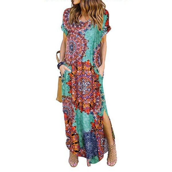 DEENOR Dynamic Short Sleeve Multi Choice Print Pocket Slit Maxi Dress - My She Shop