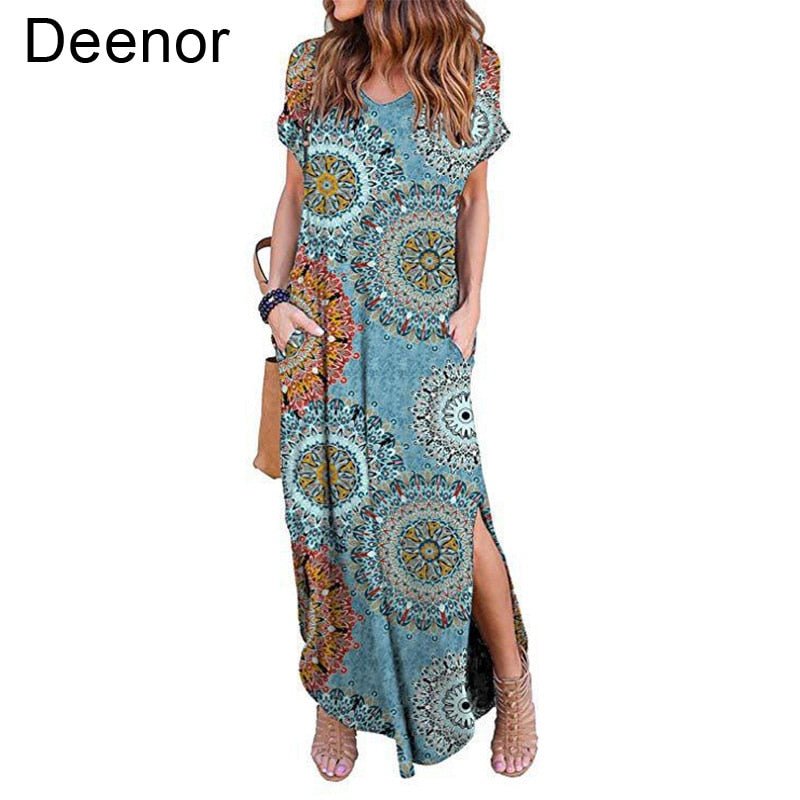 DEENOR Dynamic Short Sleeve Multi Choice Print Pocket Slit Maxi Dress - My She Shop