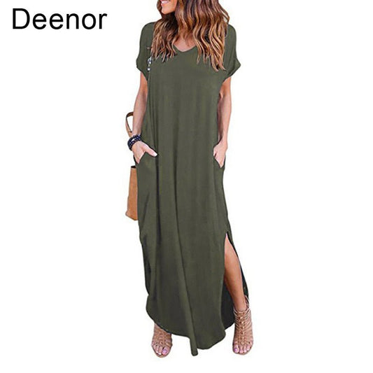 DEENOR Dynamic Side Slit V-Neck Short Sleeve Befree Maxi Dress - My She Shop