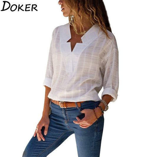 DOKER Classic Cotton V-Neck Pull-Over Long Sleeve Shirt - My She Shop