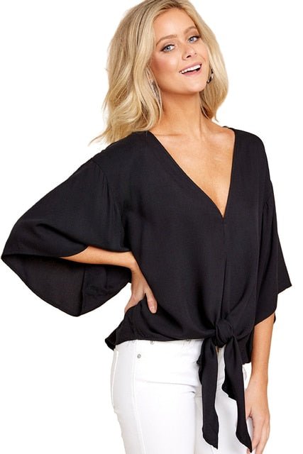 DOKER Super Cool Front Waste Tie Befree Flare Sleeve Pull-Over Plus Size Blouse - My She Shop