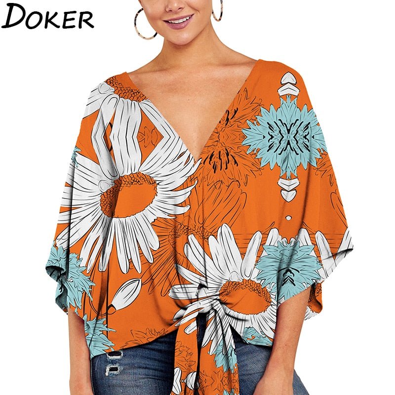 DOKER Super Cool Front Waste Tie Befree Flare Sleeve Pull-Over Plus Size Blouse - My She Shop