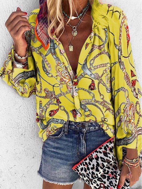 DOKER V-neck Long Sleeve Chains Print Button-Down Loose Plus Size Blouse - My She Shop