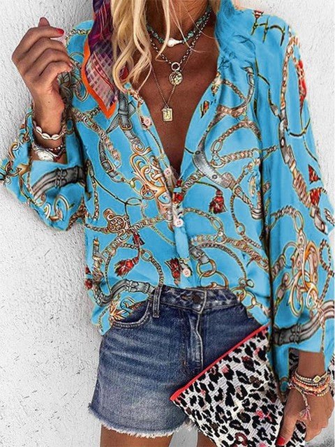 DOKER V-neck Long Sleeve Chains Print Button-Down Loose Plus Size Blouse - My She Shop