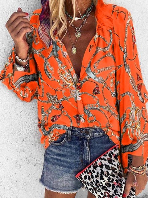 DOKER V-neck Long Sleeve Chains Print Button-Down Loose Plus Size Blouse - My She Shop