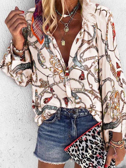 DOKER V-neck Long Sleeve Chains Print Button-Down Loose Plus Size Blouse - My She Shop