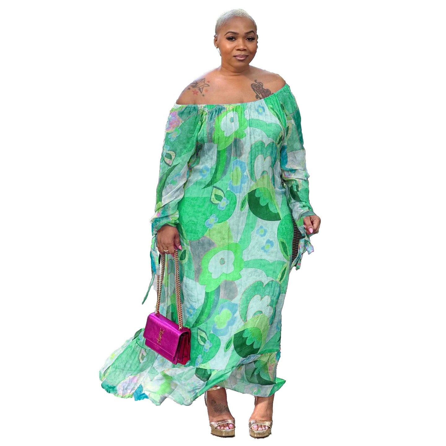 ECHOINE Polyester Off-Shoulder Plus Size Maxi Dress - My She Shop