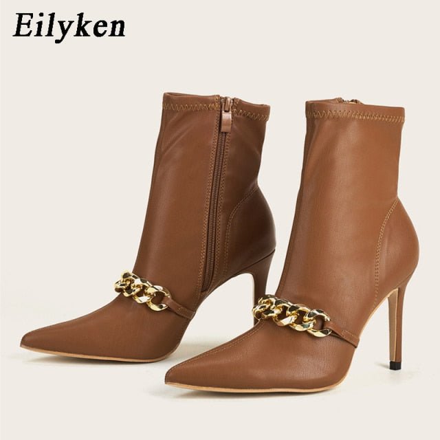 EILYKEN Chain Gang Ankle Zipper Pointed Toe High Heel Booty Shoes - My She Shop