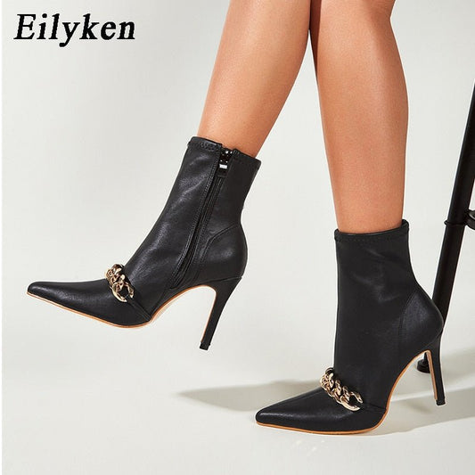 EILYKEN Chain Gang Ankle Zipper Pointed Toe High Heel Booty Shoes - My She Shop